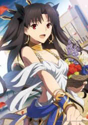 Rule 34 | 1girl, absurdres, bare shoulders, black hair, breasts, cleavage, fate/grand order, fate (series), flower, fur trim, highres, ishtar (fate), kouno megumi, long hair, long legs, official art, open mouth, red eyes, see-through, see-through sleeves, small breasts