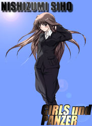 Rule 34 | 10s, 1girl, absurdres, brown eyes, brown hair, character name, copyright name, dress shirt, english text, engrish text, girls und panzer, highres, hime cut, jacket, lens flare, long hair, long sleeves, looking at viewer, mature female, nanmi (nicoseiga), nishizumi shiho, pants, ranguage, shirt, simple background, solo, standing
