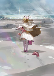 Rule 34 | 1girl, apron, armband, beach, blonde hair, bone, cloak, diffraction spikes, footprints, from behind, full body, hair ornament, hat, holding, holding stuffed toy, holding suitcase, hood, hood down, hooded cloak, lens flare, light rays, lobster, long hair, looking to the side, natori sana, non-circular lens flare, nurse, nurse cap, ocean, outdoors, overcast, pink apron, pleated skirt, profile, rabbit hair ornament, rainbow, red armband, sana channel, sand, skirt, sky, solo, stuffed animal, stuffed rabbit, stuffed toy, suitcase, sunbeam, sunlight, thighhighs, torn cloak, torn clothes, two side up, uki atsuya, virtual youtuber, walking, white cloak, white skirt, white thighhighs, wind