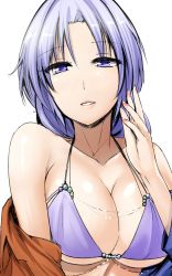 Rule 34 | 1girl, beads, bikini, blue eyes, breasts, cleavage, collarbone, halterneck, highres, large breasts, lips, looking at viewer, nail polish, one-hour drawing challenge, parted lips, purple bikini, red nails, seductive smile, shiny skin, silver hair, smile, solo, swimsuit, touhou, underboob, undressing, upper body, white background, y2, yagokoro eirin
