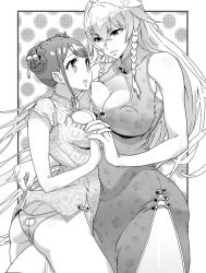 Rule 34 | 2girls, alternate costume, blonde hair, braid, breasts, cat hair ornament, china dress, chinese clothes, couple, dress, girl on top, gyaru, hair ornament, holding hands, large breasts, looking at another, monochrome, multiple girls, red hair, shikishima mirei, short twintails, tokonome mamori, twin braids, twintails, valkyrie drive, valkyrie drive -mermaid-, yuri, zunta