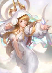Rule 34 | 1girl, absurdres, blonde hair, breasts, center opening, chest jewel, cleavage, crystal, final fantasy, final fantasy xiv, highres, hood, hood up, long hair, medium breasts, navel, official alternate costume, open hands, parted lips, platinalsh, possessed, possession, ryne waters, shiva (final fantasy), solo, stomach