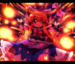 Rule 34 | 1girl, ayakashi (monkeypanch), blush stickers, bow, chain, cuffs, danmaku, fang, female focus, hair bow, highres, horn ornament, horn ribbon, horns, ibuki suika, letterboxed, long hair, one eye closed, orange hair, outstretched arms, red eyes, ribbon, smile, solo, spread arms, star (symbol), touhou, wink