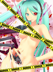 Rule 34 | 00s, 1girl, android, aqua eyes, aqua hair, body (bacoborn), bone, breasts, bug, calne ca (deino), caution tape, censored, censored nipples, claws, convenient censoring, creepy, crustacean, glowing, glowing eye, glowing eyes, hatsune miku, headphones, headset, heterochromia, highres, horror (theme), isopod, long hair, medium breasts, nude, red eyes, smile, solo, standing, tape, tape censor, twintails, undressing, vocaloid