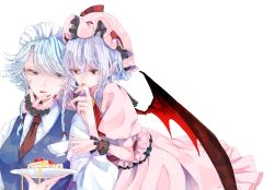 Rule 34 | 2girls, ascot, bat wings, blue eyes, blue hair, blue vest, bow, braid, breasts, cake, commentary request, cup, dress, fingernails, food, fruit, hair between eyes, hair bow, hand up, hat, hat ribbon, highres, holding, holding cup, holding plate, izayoi sakuya, long sleeves, looking at another, maid, maid headdress, medium breasts, mob cap, multiple girls, nail polish, necktie, pink dress, pink headwear, plate, pointy ears, puffy short sleeves, puffy sleeves, red bow, red eyes, red nails, red neckwear, red ribbon, remilia scarlet, ribbon, sharp fingernails, shirt, short hair, short sleeves, silver hair, simple background, souta (karasu no ouchi), strawberry, strawberry shortcake, swept bangs, teacup, tongue, tongue out, touhou, twin braids, upper body, vest, white background, white shirt, wings, wrist cuffs, yuri
