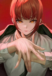 Rule 34 | 1girl, absurdres, black necktie, chainsaw man, coat, coat on shoulders, fingernails, formal, highres, looking at viewer, makima (chainsaw man), mute (mute89539160), necktie, own hands together, palms together, parted lips, red background, red hair, ringed eyes, shirt, sidelocks, simple background, solo, upper body, white shirt
