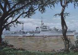 Rule 34 | absurdres, atoriebono, boat, branch, cannon, cloud, commentary request, grass, highres, htms maeklong, leaf, lifeboat, military, military vehicle, mountain, ocean, original, partial commentary, rock, sailor, scenery, ship, sky, smokestack, thai flag, tree, turret, warship, watercraft