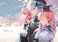 3girls artist_name belt beret black_belt black_hat black_jacket black_ribbon black_shirt black_skirt blue_eyes blue_hair blue_ribbon blue_sailor_collar blue_sky blush braid breasts closed_eyes closed_mouth cloud cloudy_sky coat collared_shirt commentary day english_commentary english_text green_eyes hair_bun hair_ornament hair_ribbon hairclip hat hololive hoshimachi_suisei hoshimachi_suisei_(casual) jacket light_blue_hair light_smile long_hair long_sleeves looking_ahead looking_to_the_side minato_aqua minato_aqua_(sailor) mortarboard multicolored_hair multiple_girls neck_ribbon nose official_alternate_costume pink_hair purple_hair ribbon sailor_collar senzi shirt single_side_bun skirt sky sleeveless sleeveless_shirt startend_(hololive) tokoyami_towa tokoyami_towa_(jirai_kei) twin_braids twintails two-tone_hair virtual_youtuber white_background white_coat white_shirt x_hair_ornament