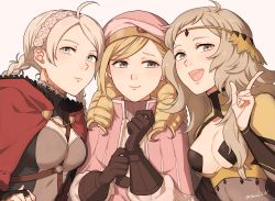 Rule 34 | 1boy, 2girls, ahoge, blonde hair, blue eyes, bodystocking, braid, breast cutout, buttons, cape, capelet, chest harness, choker, fire emblem, fire emblem fates, forrest (fire emblem), gloves, grey eyes, hairband, harness, hat, highres, hood, hood down, hooded capelet, leather, leather gloves, leather strap, long hair, looking at viewer, low twintails, multiple girls, nina (fire emblem), nintendo, o-ring, ophelia (fire emblem), parted bangs, peach11 01, red hood, trap, turtleneck, twin braids, twintails, upper body, white hairband