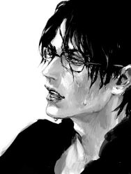 Rule 34 | 1boy, adam&#039;s apple, as (ashes), black hair, glasses, greyscale, half-closed eyes, male focus, monochrome, open mouth, original, simple background, solo, wet, white background