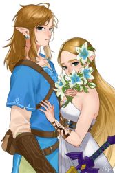 Rule 34 | 1boy, 1girl, ahoge, artist name, bad id, bad pixiv id, bare shoulders, belt, blonde hair, blue eyes, breasts, brown hair, collarbone, commentary request, covering own mouth, dress, earrings, flower, from side, green eyes, hair flower, hair ornament, hand on another&#039;s chest, highres, holding, holding sword, holding weapon, ivy (sena0119), jewelry, layered sleeves, link, long hair, long sleeves, looking at viewer, master sword, medium breasts, necklace, nintendo, parted bangs, parted lips, pointy ears, princess zelda, sheath, sheathed, short over long sleeves, short sleeves, silent princess, simple background, strapless, sword, the legend of zelda, the legend of zelda: breath of the wild, tunic, very long hair, weapon, white background, white dress, white flower