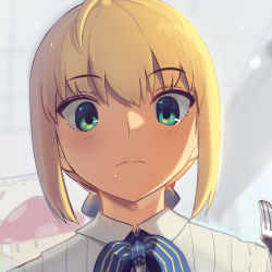 Rule 34 | 1girl, ahoge, artoria pendragon (all), artoria pendragon (fate), blonde hair, boa (brianoa), bow, bowtie, burger, ceiling, close-up, closed mouth, collared shirt, commentary request, drooling, eyes visible through hair, fate/stay night, fate (series), food, fork, green eyes, hair between eyes, holding, holding fork, indoors, light blush, pinstripe pattern, pinstripe shirt, restaurant, saber (fate), saliva, shirt, short hair, solo, striped, tile ceiling, tiles, two-tone neckwear