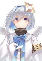 Rule 34 | 1girl, absurdres, amane kanata, angel, angel wings, armband, asymmetrical bangs, asymmetrical hair, blue bow, blue bowtie, blue hair, bob cut, bow, bowtie, breasts, ckhd, colored inner hair, feathered wings, gradient wings, grey jacket, grin, hair over one eye, halo, highres, hololive, jacket, long sleeves, looking at viewer, mini wings, multicolored hair, multicolored wings, purple eyes, sailor collar, short hair, silver hair, single hair intake, smile, solo, star halo, turtleneck, upper body, virtual youtuber, white background, white wings, wings