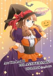 Rule 34 | 1girl, anrietta rochefort, breasts, brown hair, closed mouth, curly hair, dress, gloves, happy halloween, jack-o&#039;-lantern, long hair, looking at viewer, smile, solo
