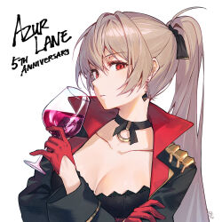 Rule 34 | 1girl, azur lane, black choker, black jacket, breasts, brown hair, choker, cleavage, collarbone, crossed arms, cup, drinking glass, earrings, gloves, hair ribbon, high collar, highres, holding, holding cup, jacket, jean bart (azur lane), jewelry, long hair, long sleeves, looking at viewer, medium breasts, nagu, open clothes, open jacket, ponytail, red eyes, red gloves, ribbon, simple background, solo, upper body, white background, wine glass