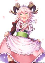 Rule 34 | 1girl, :d, ahoge, apron, apron basket, blush, breasts, brown kimono, brown thighhighs, cherry blossoms, curled horns, fangs, fingernails, flower, frilled apron, frills, green eyes, hair between eyes, horns, ittokyu, japanese clothes, juliet sleeves, kimono, long hair, long sleeves, looking away, maid, maid headdress, open mouth, original, pink flower, pink hair, pink skirt, pointy ears, puffy sleeves, sidelocks, simple background, skirt, skirt hold, small breasts, smile, solo, thighhighs, wa maid, watermark, web address, white apron, white background