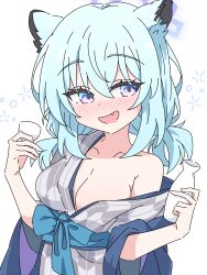 Rule 34 | 1girl, absurdres, animal ears, bath yukata, blue archive, blush, drunk, highres, japanese clothes, kimono, light green hair, long hair, mangyu0111, official alternate costume, open mouth, shigure (blue archive), shigure (hot spring) (blue archive), simple background, solo, squeans, upper body, weasel ears, white background, yukata