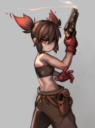 Rule 34 | 1girl, baggy pants, bandolier, bare shoulders, belt, black hair, brown belt, finger on trigger, gloves, gradient hair, gun, handgun, highres, holding, holding gun, holding weapon, holster, kelvin hiu, midriff, multicolored hair, no panties, original, pants, pistol, red eyes, red gloves, red hair, revolver, ringed eyes, serious, short hair, short twintails, smoke, smoking barrel, solo, strapless, tube top, twintails, twisted torso, two-tone hair, upper body, weapon