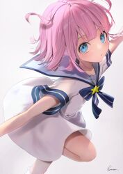 Rule 34 | 1girl, absurdres, blue eyes, bocchi the rock!, bow, bowtie, dress, floating hair, foot out of frame, gotoh futari, gradient background, highres, kamatoyu, outstretched arms, pink hair, sailor dress, short hair, signature, solo, spread arms, standing, standing on one leg, star (symbol), star ornament, white dress
