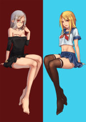 Rule 34 | 2girls, bare shoulders, barefoot, black skirt, blonde hair, blue skirt, breasts, cleavage, crop top, crop top overhang, full body, glasses, highres, invisible chair, legs together, looking at viewer, midriff, miniskirt, multiple girls, navel, neckerchief, original, plantar flexion, pleated skirt, pointy ears, red eyes, school uniform, shiraha (pixiv10239953), silver hair, sitting, skindentation, skirt, smile, symmetry, tattoo, thighhighs, watch, wristwatch