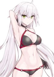 Rule 34 | 1girl, ahoge, armpits, bikini, breasts, choker, cleavage, collarbone, commentary request, cowboy shot, elfenlied22, eyes visible through hair, fate/grand order, fate (series), gloves, hair between eyes, highres, jeanne d&#039;arc alter (swimsuit berserker) (fate), jeanne d&#039;arc (fate), jeanne d&#039;arc alter (fate), jeanne d&#039;arc alter (swimsuit berserker) (fate), long hair, looking at viewer, medium breasts, midriff, navel, o-ring, o-ring bikini, simple background, solo, standing, swimsuit, white background, white hair, yellow eyes