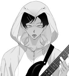 1girl aa_kabeuchi animal_costume bass_guitar electric_bass_guitar forked_tongue futsuu_no_keion-bu greyscale guitar_strap hair_ornament hairpin highres holding holding_bass_guitar holding_instrument hood hood_up instrument kouyama_rin looking_at_viewer monochrome pixie_cut sanpaku scene_reference short_hair snake_costume snake_hood solo tongue tongue_out