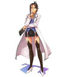 Rule 34 | 1girl, ahoge, black eyes, black hair, black thighhighs, cleavage cutout, clipboard, clothing cutout, flat chest, full body, garter straps, glasses, hair up, high heels, highres, hirano katsuyuki, igrius, lab coat, long coat, miniskirt, official art, open clothes, pen, pencil skirt, shadow, shoes, short hair, simple background, skirt, solo, spectral (series), spectral souls, standing, thighhighs, turtleneck, white background, zettai ryouiki