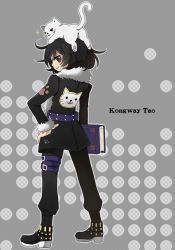 Rule 34 | 1boy, alfa system, alternate costume, animal, animal on head, bad id, bad pixiv id, black eyes, black hair, book, cat, cat on head, character name, coat, conway tau, full body, grey background, hand on own hip, hip focus, kusakari, looking back, male focus, on head, pants, shoes, smile, solo, tales of (series), tales of innocence, tales of innocence r
