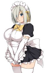 Rule 34 | 10s, 1girl, :o, alternate costume, apron, black dress, blue eyes, blush, bow, bowtie, breasts, chestnut mouth, curvy, dress, elbow gloves, enmaided, gloves, hair ornament, hair over one eye, hair ribbon, hairclip, hamakaze (kancolle), kantai collection, kuronyan, large breasts, looking at viewer, maid, maid apron, maid headdress, open mouth, puffy short sleeves, puffy sleeves, ribbon, shiny skin, short hair, short sleeves, silver hair, simple background, solo, standing, tareme, thick thighs, thighhighs, thighs, v arms, white background, white gloves, white thighhighs, yellow bow, yellow bowtie, yellow ribbon, zettai ryouiki
