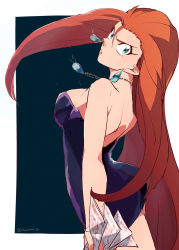 Rule 34 | 1girl, ayu161, bare shoulders, blue eyes, breasts, dress, earrings, forehead, ghost sweeper mikami, holding, jewelry, large breasts, lips, long hair, looking at viewer, mikami reiko, necklace, orange hair, purple dress, solo, talisman, very long hair