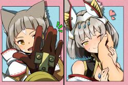 Rule 34 | 1boy, 1girl, age progression, animal ears, blunt bangs, blush, cat ears, cat girl, chest jewel, couple, facial mark, gloves, grey hair, hand on another&#039;s face, hetero, highena, highres, husband and wife, looking at viewer, nia (xenoblade), rex (xenoblade), short hair, smile, waving, xenoblade chronicles (series), xenoblade chronicles 2, xenoblade chronicles 3, xenoblade chronicles 3: future redeemed, yellow eyes