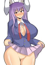 Rule 34 | 1girl, animal ears, bad id, bad pixiv id, blush, breasts, cleavage, clothes lift, curvy, female focus, huge breasts, large breasts, long hair, musuka (muska), no panties, purple hair, pussy, rabbit ears, red eyes, reisen udongein inaba, skirt, skirt lift, solo, touhou, uncensored