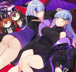 Rule 34 | 2girls, arm up, ass, bare shoulders, black dress, black jacket, breasts, character doll, cross hair ornament, dress, expressionless, facial mark, girls&#039; frontline, green eyes, hair ornament, highres, hk416 (girls&#039; frontline), jacket, large breasts, long hair, long sleeves, looking at viewer, looking back, lying, magazine (object), multiple girls, multiple persona, off shoulder, on back, on stomach, open clothes, open jacket, parted lips, puffy sleeves, ranyu, revision, ribbed sweater, short dress, silver hair, sleeveless, sleeveless turtleneck, sweater, thighs, turtleneck, ump45 (girls&#039; frontline), ump9 (girls&#039; frontline)