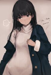 Rule 34 | 1girl, amagami, ayatsuji tsukasa, black eyes, black hair, blue coat, closed mouth, coat, dated, grey background, happy birthday, highres, light blush, long hair, long sleeves, looking to the side, open clothes, open coat, signature, simple background, solo, straight hair, sweater, tenpanco, turtleneck, turtleneck sweater, white sweater