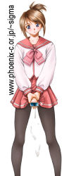 Rule 34 | 1futa, blue eyes, blush, brown hair, clothes lift, cum, dusty heaven, ejaculation, erection, foreskin, futanari, futanari masturbation, masturbation, open mouth, pantyhose, penis, phimosis, school uniform, simple background, skirt, skirt lift, solo, watermark