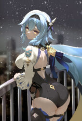 Rule 34 | 1girl, absurdres, ass, back cutout, backless outfit, bare back, black hairband, black shorts, blue hair, breasts, clothing cutout, commentary, cowboy shot, eula (genshin impact), fangai-anmian, genshin impact, hair ornament, hairband, head tilt, highres, juliet sleeves, large breasts, long hair, long sleeves, looking at viewer, puffy sleeves, railing, shirt, short shorts, shorts, snow, solo, standing, thighs, underbutt, white shirt, yellow eyes
