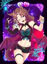 Rule 34 | 2girls, animal ears, bare shoulders, belt, black shorts, blue eyes, breasts, brown hair, bug, bustier, cleavage, daitaku helios (sunshine angel) (umamusume), daitaku helios (umamusume), fangs, fingerless gloves, gloves, glowstick, halo, happy halloween, heart, highres, horns, horse ears, horse girl, horse tail, kuon kimi, large breasts, long hair, looking at viewer, mejiro palmer (devil in the moonlight) (umamusume), mejiro palmer (umamusume), midriff, mini person, minigirl, multicolored hair, multicolored nails, multiple girls, nail polish, navel, one eye closed, open mouth, parted bangs, short shorts, shorts, silk, single glove, spider, spider web, streaked hair, tail, teeth, thigh strap, umamusume, vest, wings