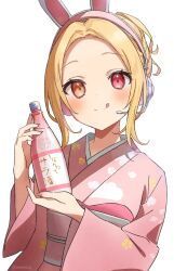 Rule 34 | 1girl, alternate costume, alternate hair length, alternate hairstyle, animal ear headphones, animal ears, blonde hair, blush, bottle, closed mouth, commentary, dot nose, drink, fake animal ears, floral print, h (eitilog), hands up, headphones, headset, heterochromia, highres, holding, holding bottle, holding drink, hoshikawa sara, japanese clothes, kimono, long sleeves, looking at viewer, mechanical ears, nail polish, nijisanji, orange eyes, pink kimono, pink nails, print kimono, rabbit ears, red eyes, short hair, simple background, smile, solo, symbol-only commentary, tongue, tongue out, twitter username, upper body, virtual youtuber, watermark, white background, wide sleeves