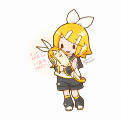 Rule 34 | 2girls, anniversary, arm warmers, bare shoulders, black collar, black shorts, black sleeves, blonde hair, blush stickers, bow, chibi, collar, commentary, dated, frown, hair bow, hair ornament, hairclip, headphones, holding person, kagamine rin, leg warmers, multiple girls, open mouth, rin no youchuu, sailor collar, sanpati, school uniform, shirt, short hair, shorts, shoulder tattoo, smile, solid oval eyes, swept bangs, tattoo, traditional media, translated, twitter username, vocaloid, white background, white bow, white shirt