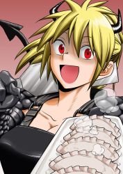 Rule 34 | 1girl, apron, blonde hair, breasts, cleavage, demon tail, dorohedoro, dumpling, food, fuuzasa, gloves, highres, horns, jiaozi, nikaidou (dorohedoro), open mouth, plate, red eyes, smile, spatula, tail