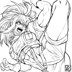 Rule 34 | abs, biceps, gloves, greyscale, highres, inktober, jamrolypoly, kicking, leona heidern, midriff, monochrome, muscular, muscular female, ponytail, shorts, snk, solo, the king of fighters, thighs