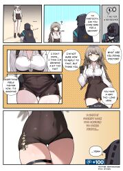 Rule 34 | 1girl, 1other, ?, absurdres, arknights, artist name, black coat, black shorts, blush, breast focus, breasts, brown hair, cleavage, close-up, coat, comic, doctor (arknights), english text, fartooth (arknights), feather hair, flying sweatdrops, gluteal fold, high-waist shorts, highres, hood, hood up, hooded coat, large breasts, long hair, mask, myown, shirt, short shorts, shorts, skindentation, speech bubble, sweatdrop, thigh focus, thigh gap, thighs, twitter username, white shirt, yellow eyes