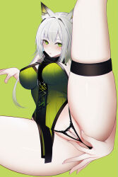 Rule 34 | 1girl, absurdres, animal ears, arknights, ass, ateoyh, black panties, blush, breasts, cat ears, cat girl, cleft of venus, dress, green background, green dress, green eyes, grey hair, highres, kal&#039;tsit (arknights), large breasts, leg lift, long hair, looking at viewer, panties, pearl thong, presenting pussy, simple background, skindentation, solo, spread legs, thigh strap, thighs, underwear