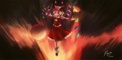Rule 34 | 1girl, artist name, ascot, bow, character name, clear echoes, dress, fire, flandre scarlet, hair bow, hat, highres, moon, red moon, solo, touhou, wings