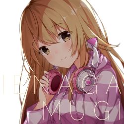 Rule 34 | 1girl, blurry, blurry background, blush, brown eyes, character name, closed mouth, commentary, depth of field, hair between eyes, hand on headphones, hand up, head tilt, headphones, headphones around neck, highres, hood, hood down, hoodie, ienaga mugi, light brown hair, long hair, long sleeves, looking at viewer, looking to the side, nijisanji, simple background, smile, solo, striped clothes, striped hoodie, taiyaki (astre), very long hair, virtual youtuber, white background