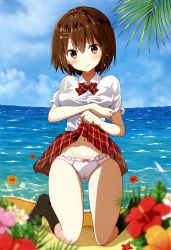 Rule 34 | 1girl, absurdres, beach, black legwear, blue sky, blurry, blurry foreground, blush, bow, bow panties, bowtie, breast hold, breasts, brown eyes, brown hair, cameltoe, closed mouth, clothes lift, cloud, cloudy sky, crotch seam, day, depth of field, dress shirt, frilled panties, frills, full body, hair ornament, hairclip, head tilt, highres, horizon, kneeling, lifted by self, looking at viewer, medium breasts, miniskirt, ocean, original, outdoors, palm tree, panties, plaid, plaid neckwear, plaid skirt, pleated skirt, ragho no erika, red neckwear, red skirt, school uniform, shirt, short sleeves, skirt, skirt lift, sky, smile, socks, solo focus, star (symbol), star hair ornament, thighs, tree, underwear, wet, wet clothes, wet shirt, white panties, white shirt, wing collar