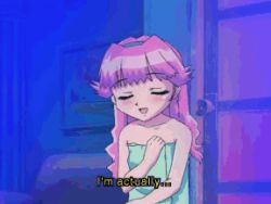 Rule 34 | 1990s (style), 1girl, animated, animated gif, bouncing breasts, breasts, cosette sara, excel saga, huge breasts, lowres, naked towel, nipples, nude, oppai loli, pink hair, retro artstyle, screencap, solo, subtitled, towel