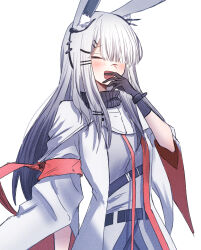 Rule 34 | 1girl, agadanku, animal ear fluff, animal ears, arknights, belt, black gloves, black scarf, closed eyes, coat, commentary, covering own mouth, dress, frostnova (arknights), gloves, gradient hair, grey dress, grey hair, hair over one eye, hand up, laughing, multicolored hair, one-hour drawing challenge, open mouth, rabbit ears, rabbit girl, scar, scar on face, scar on nose, scarf, simple background, solo, upper body, white background, white coat, white hair