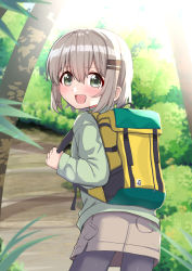Rule 34 | 1girl, :d, absurdres, ao (flowerclasse), backpack, bag, brown skirt, bush, commentary request, day, from behind, green eyes, green shirt, grey hair, grey pantyhose, hair between eyes, hair ornament, hairclip, highres, holding strap, long sleeves, looking at viewer, looking back, open mouth, outdoors, pantyhose, shirt, skirt, smile, solo, tree, yama no susume, yukimura aoi