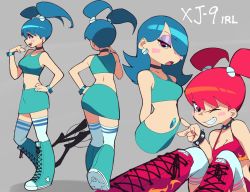 Rule 34 | 1girl, aetherion, blue hair, boots, breasts, choker, hair over one eye, humanization, jenny wakeman, knee boots, my life as a teenage robot, red hair, skirt, solo, thighhighs, twintails